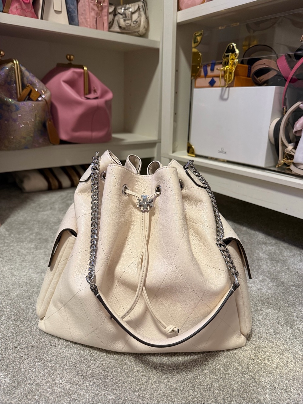 Tory Burch Large Charlie Cream Quilted Leather Drawstring Bag